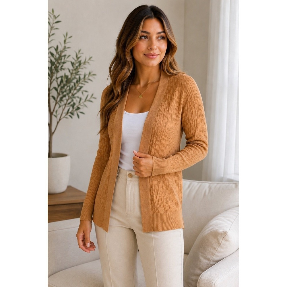 Essentials Milano Open Front Textured Cardigan Tan Size S Lightweight